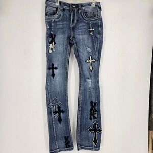 Ninth Hall Jeans Mens 30 Signal Crosses Patchwork Blue Slim Flare Embroidered